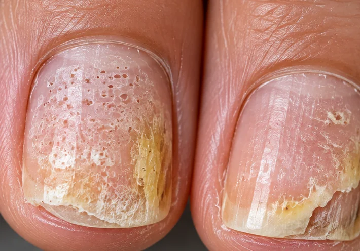 Educational illustration of two fingernails with pitting, roughening and yellowish crumbling suggestive of nail psoriasis