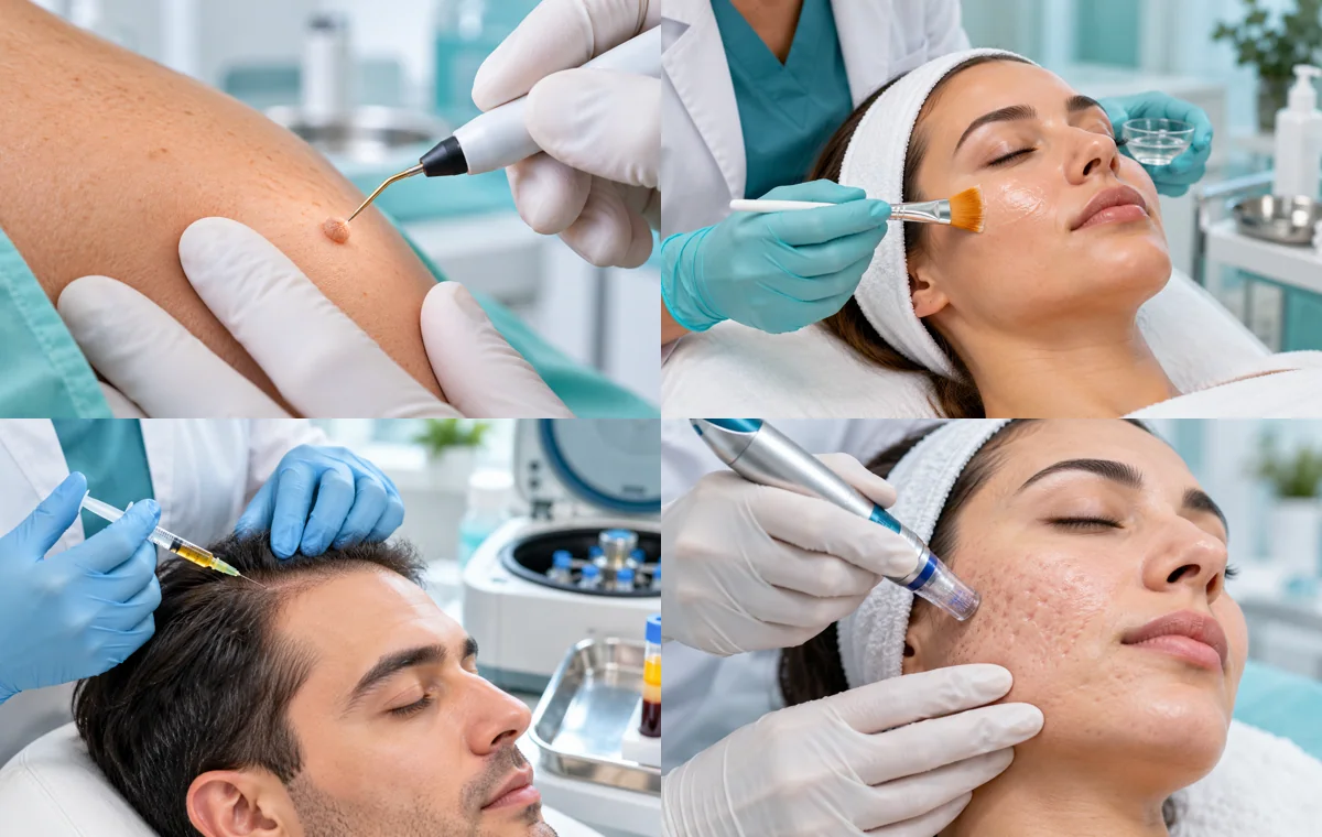 Clinical collage of dermatology procedures including cautery, chemical peel, PRP and microneedling