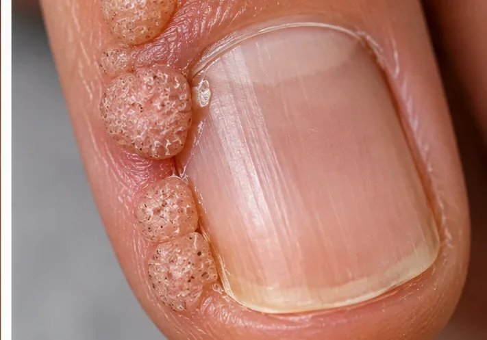 Educational illustration of clustered rough skin-coloured periungual warts along the folds surrounding a fingernail