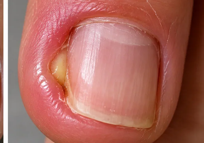 Educational illustration of a fingertip with red swollen nail fold and a small collection of pus consistent with acute paronychia