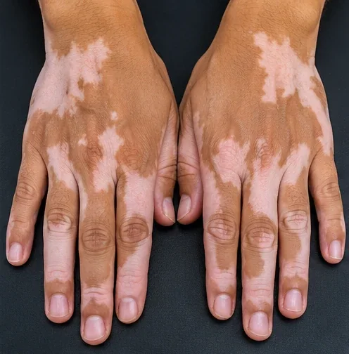 Close-up AI-generated illustration of vitiligo on the hands