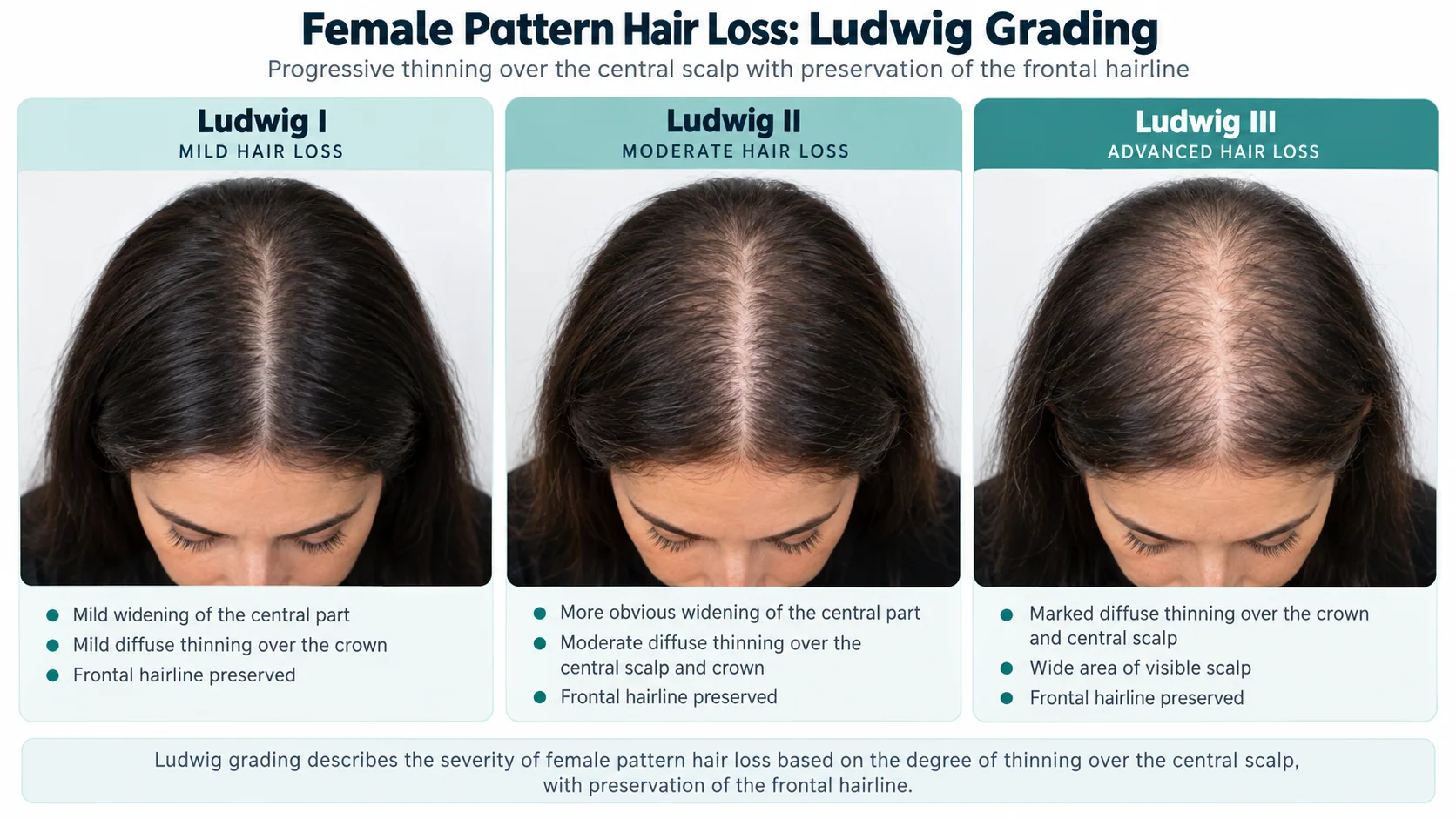 Clinical-style Ludwig grading image showing three stages of female pattern hair loss with progressive central scalp thinning and preserved frontal hairline
