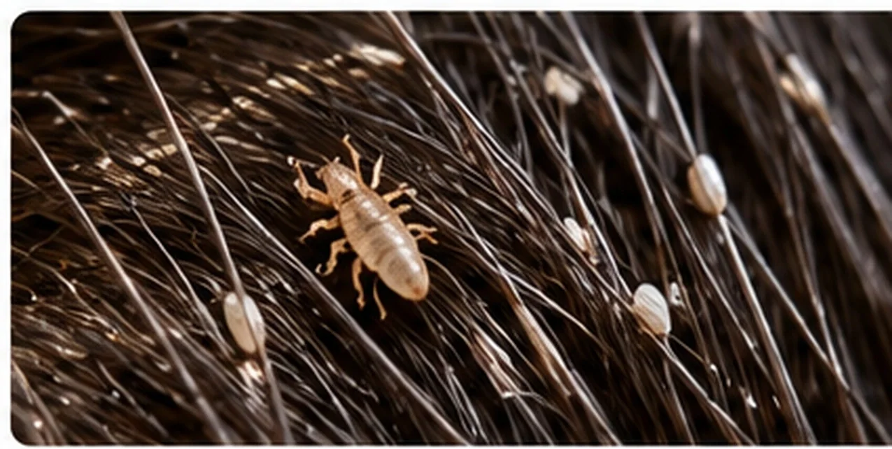 Original educational close-up of an adult head louse crawling among hair shafts with oval nits attached to hair