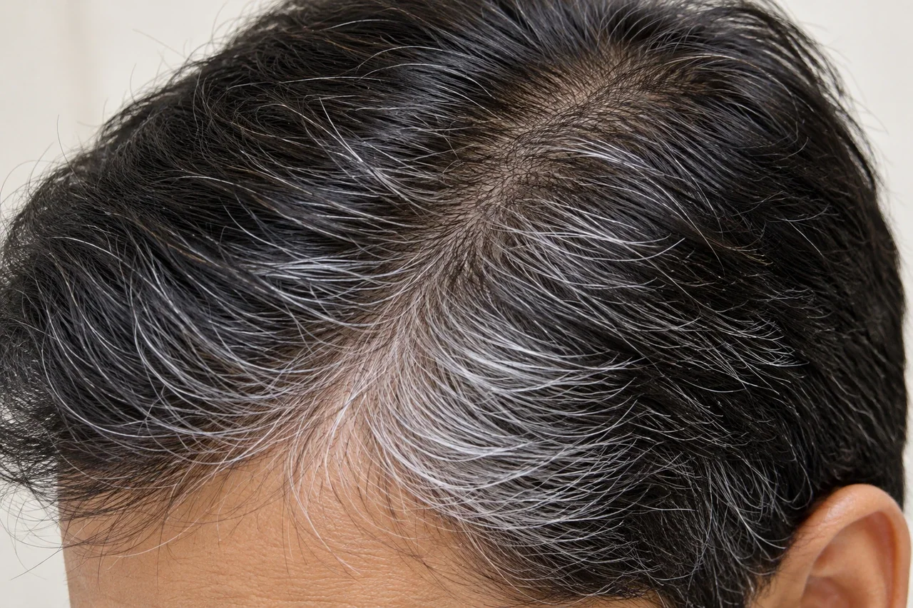 Realistic clinical illustration of early grey and white strands mixed with dark scalp hair near the temple and centre part