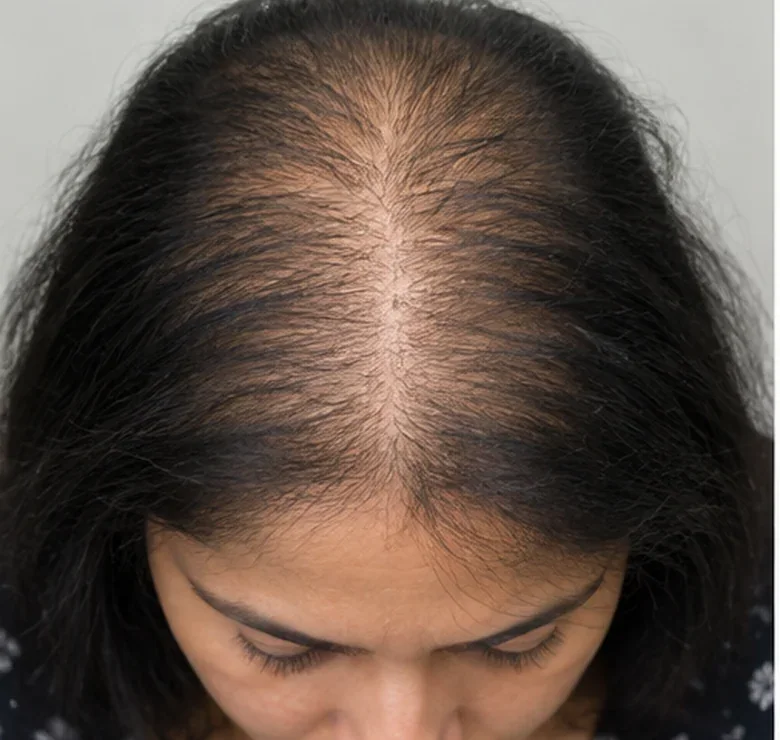 AI-generated clinical illustration showing female pattern hair loss or its characteristic hair/scalp appearance