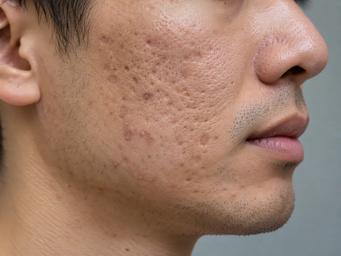 Clinical illustration of pitted acne scars on the cheek