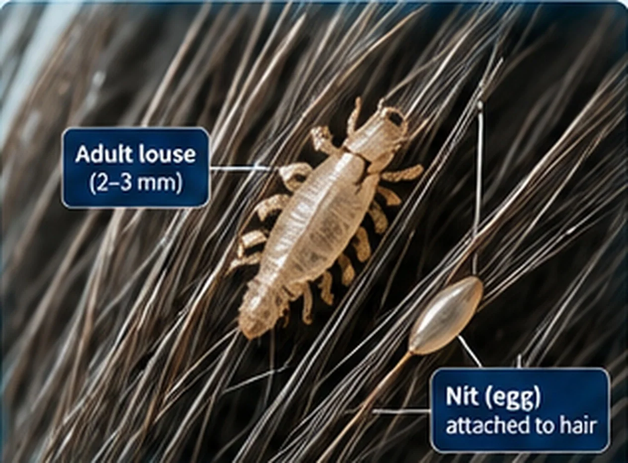 Medical illustration comparing an adult head louse with its egg, called a nit, attached to a hair