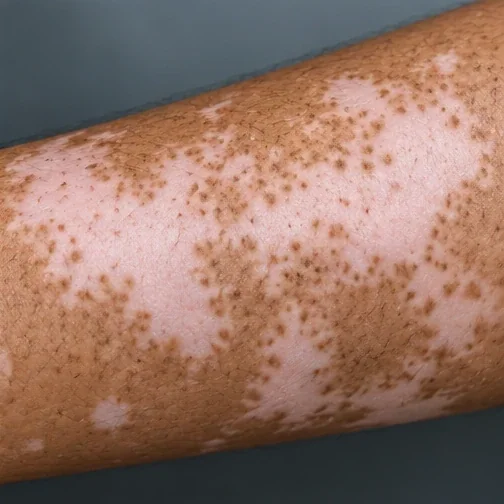 AI-generated illustration of perifollicular repigmentation within vitiligo patches